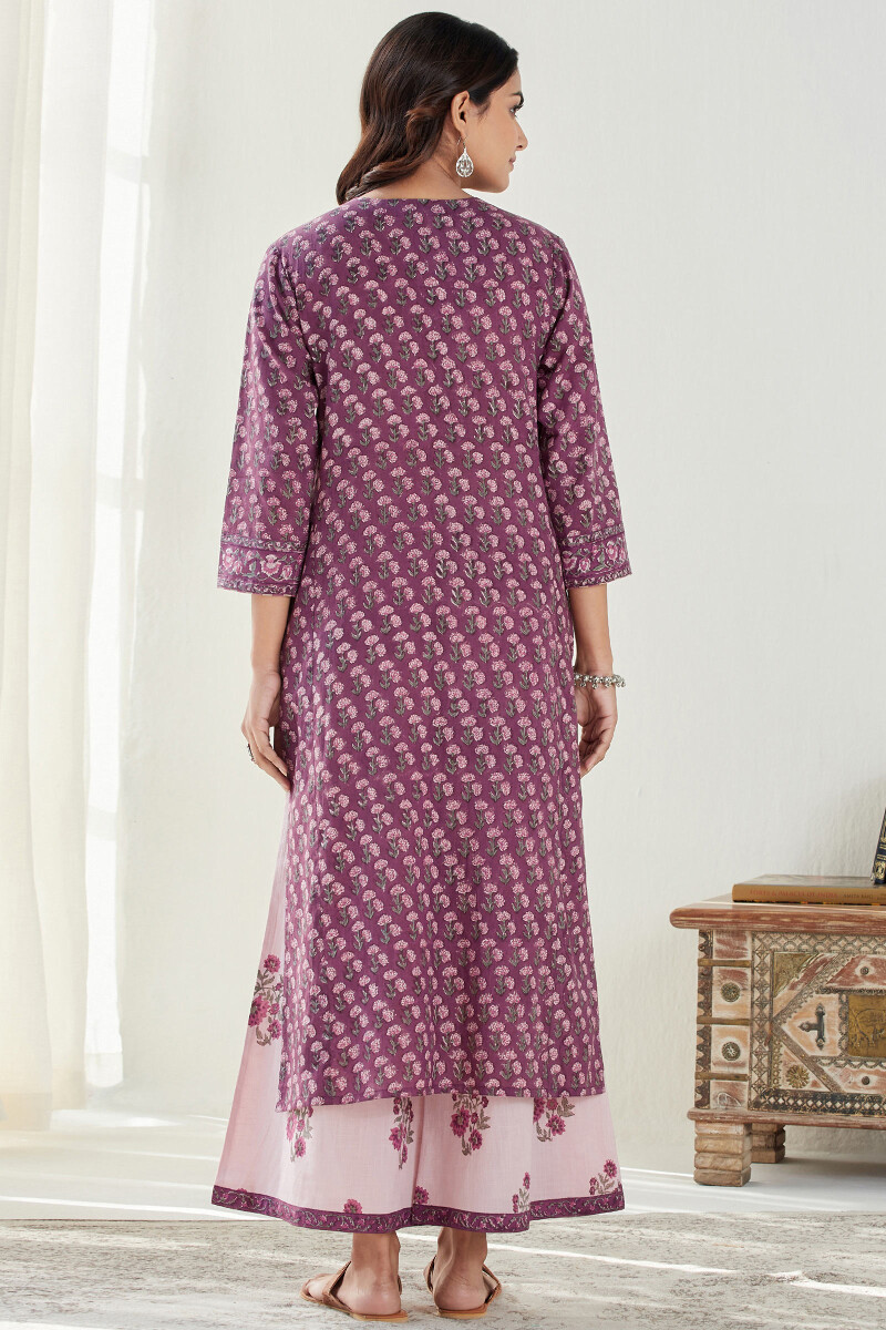 Purple Hand Block Printed Straight Cotton Slub Kurta