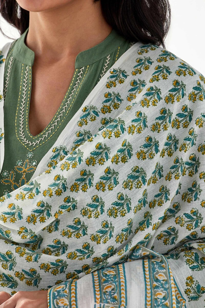 White Hand Block Printed Cotton Mul Dupatta