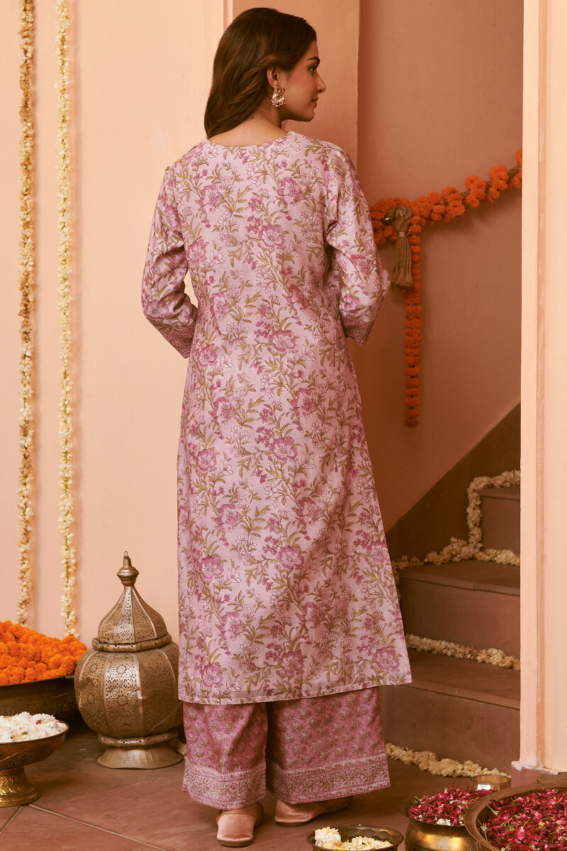 Light Pink Hand Block-Printed Straight Chanderi Kurta