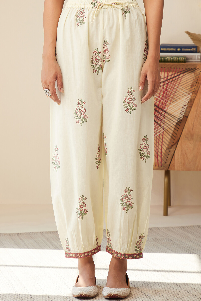 Cream Hand Block-Printed Cotton Izhaar Pants