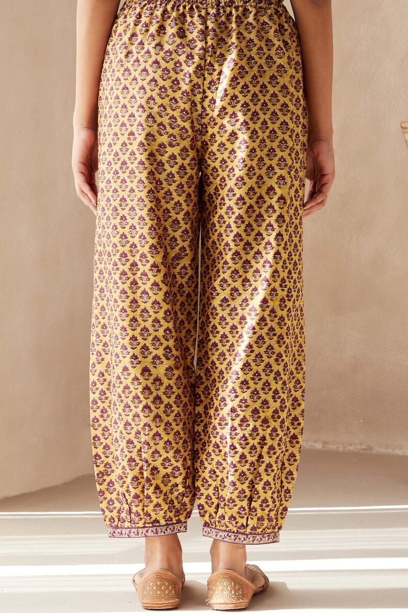 Yellow Hand Block-Printed Chanderi Izhaar Pants