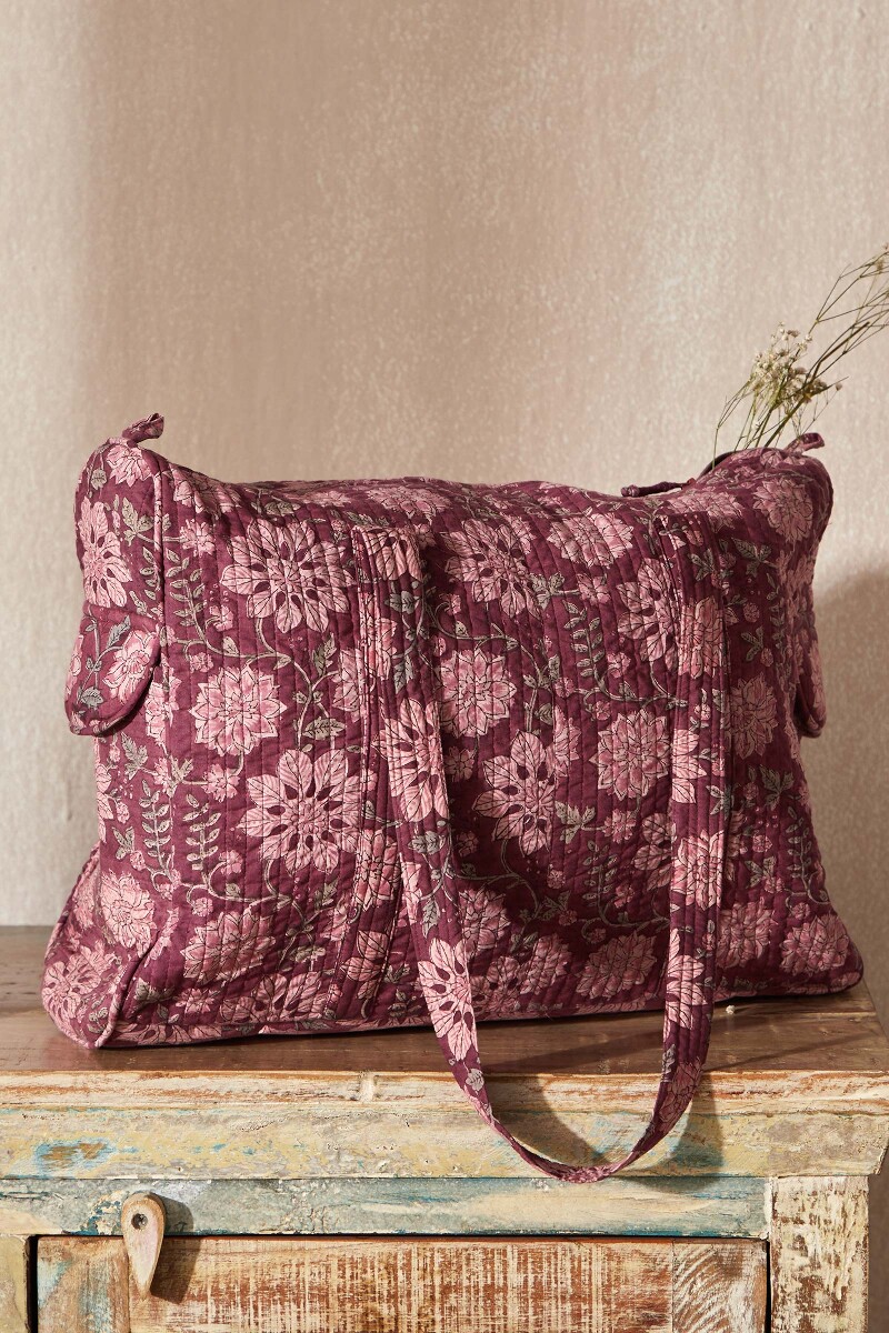 Purple Hand Block-Printed Cotton Duffel Bag