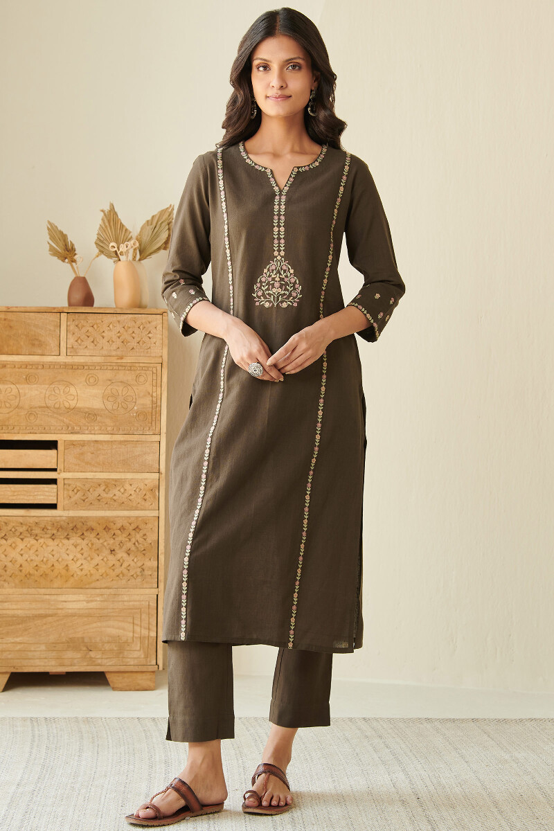 Brown Handcrafted Straight Handloom Kurta