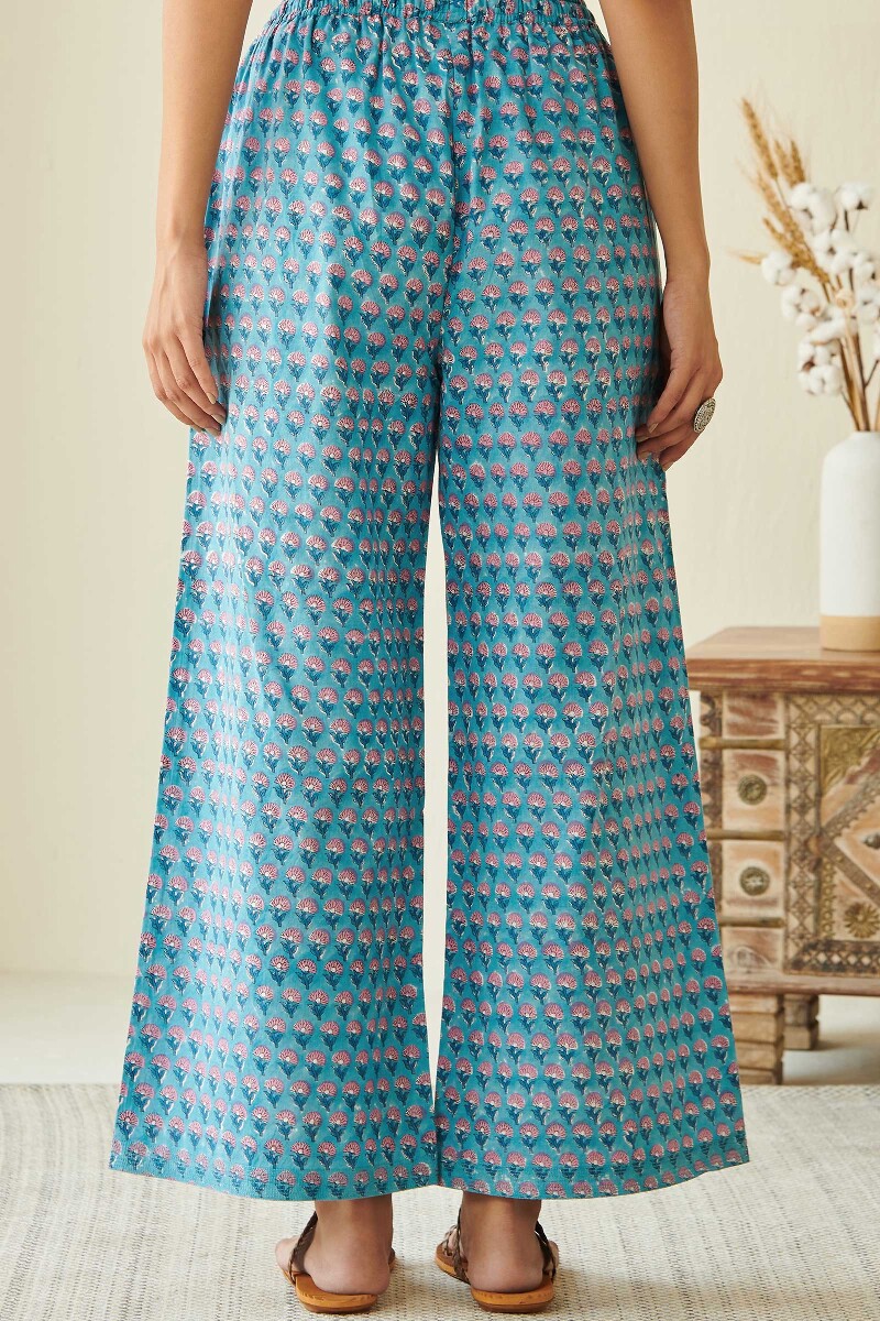 Blue Hand Block Printed Cotton Farsi Pants