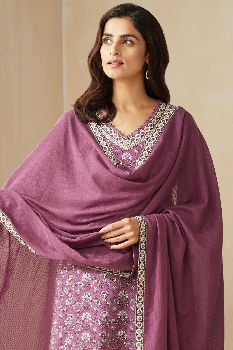 Purple Hand Printed Straight Cotton Kurta