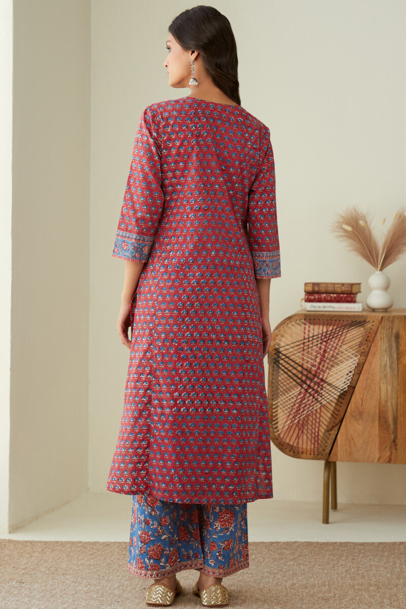 Red Hand Block-Printed Straight Cotton Kurta