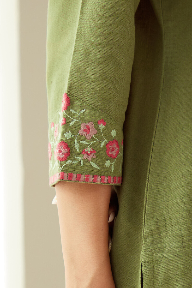 Green Handcrafted Straight Cotton Flax Kurta