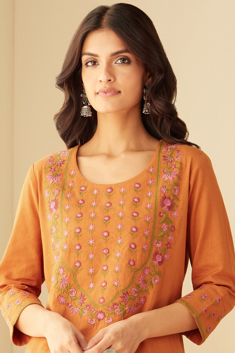 Mustard Handcrafted Straight Cotton Flax Kurta