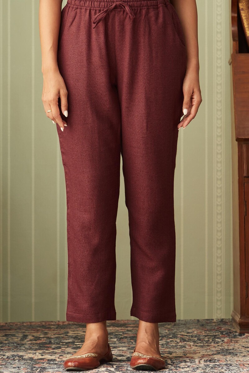 Maroon Handcrafted Faux Wool Narrow Pants