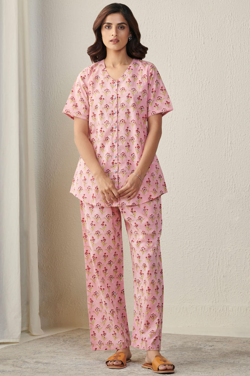 Pink Block Printed Cotton Loungewear Set