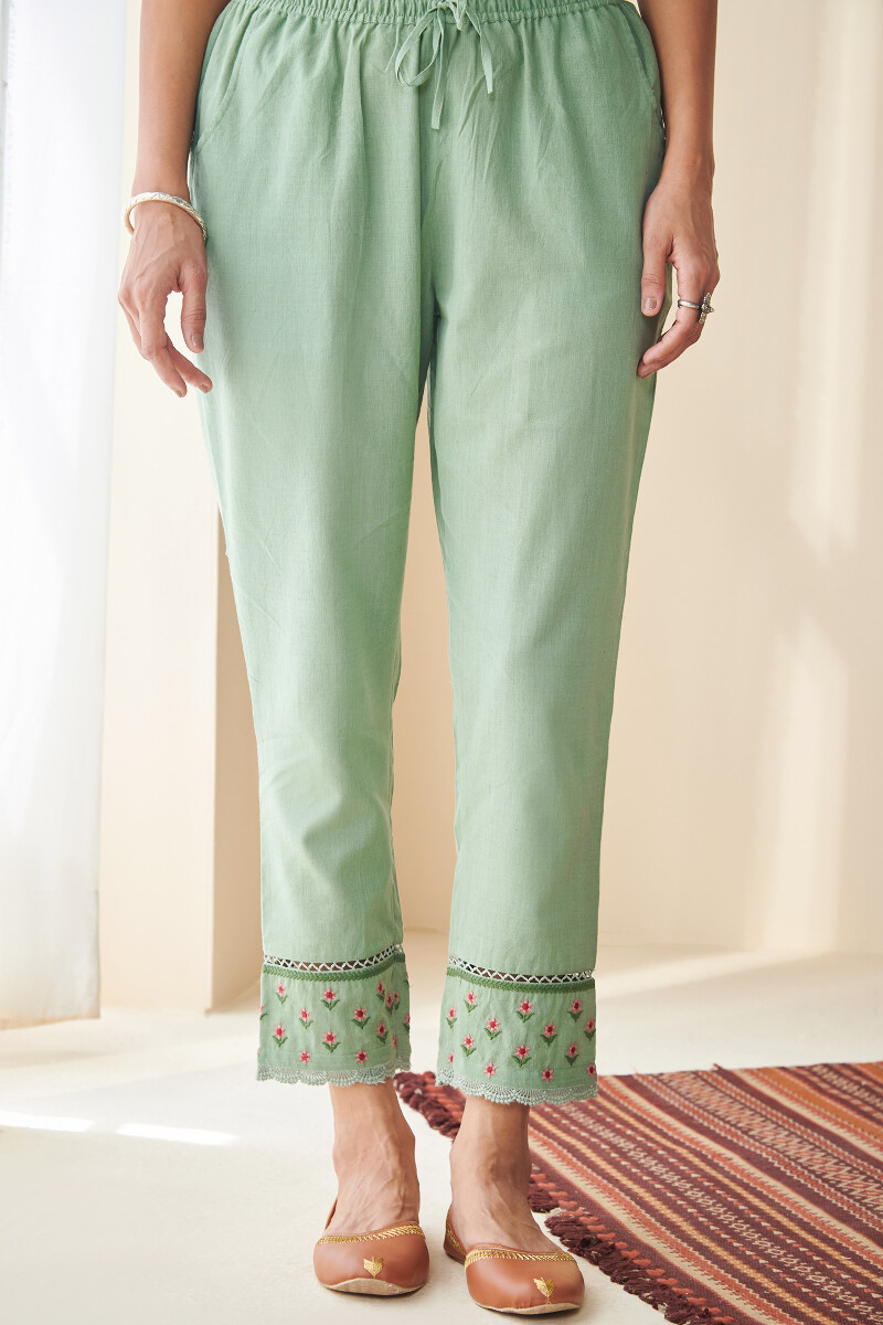 Green Handcrafted Cotton Narrow Pants