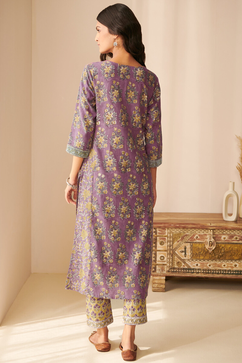 Purple Hand Block Printed Straight Cotton Slub Kurta