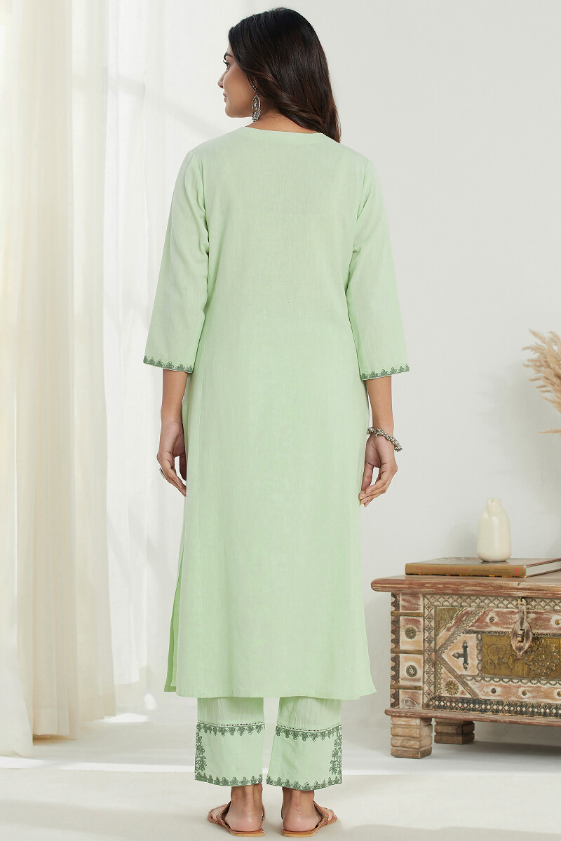 Green Handcrafted Straight Cotton Flax Kurta