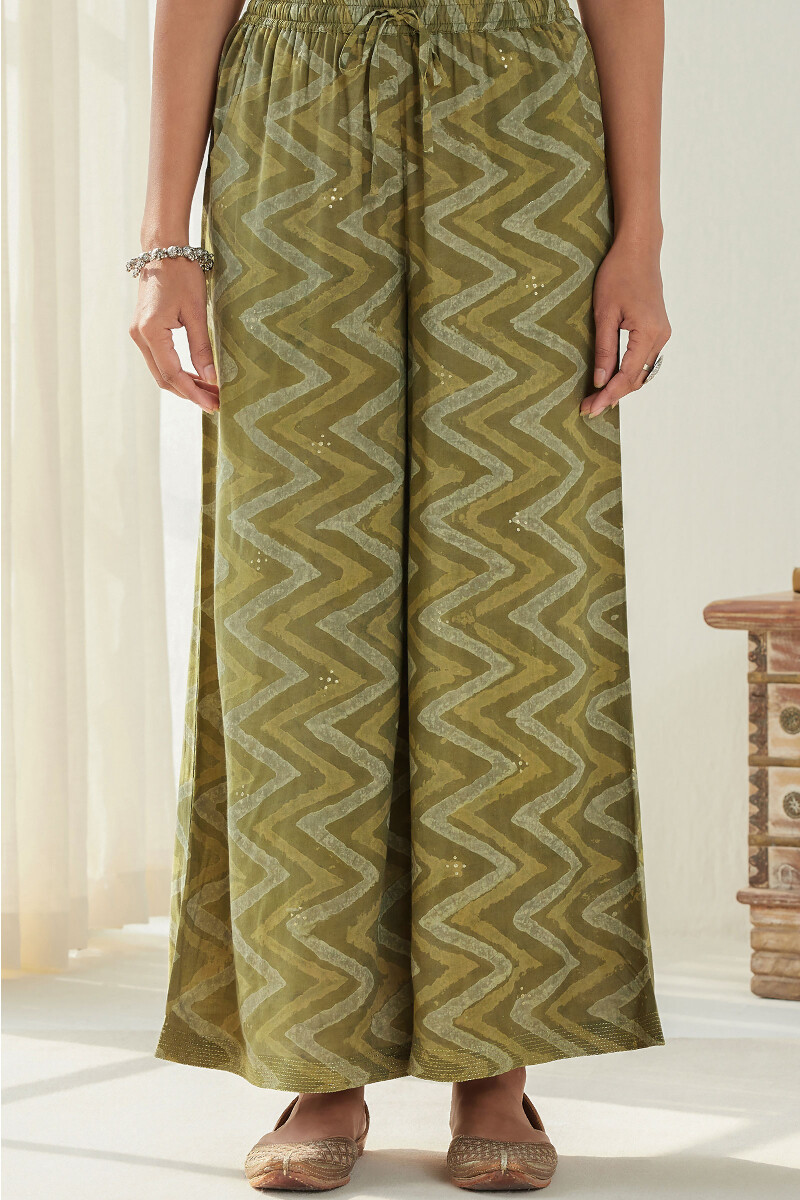 Green Hand Block Printed Modal Palazzos