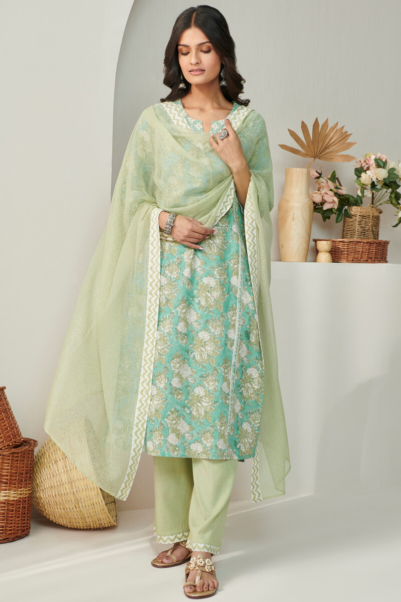 Green Hand Block Printed Kota Dupatta