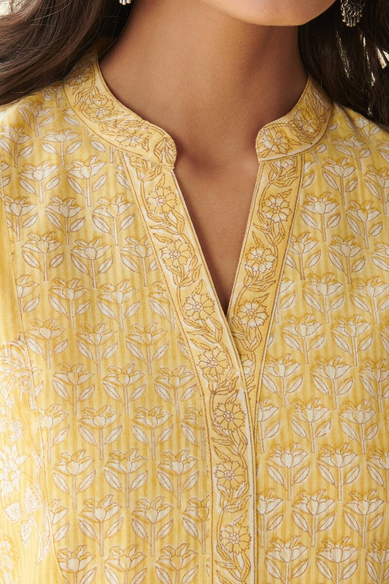 Yellow Hand Block Printed Cotton Dobby Top