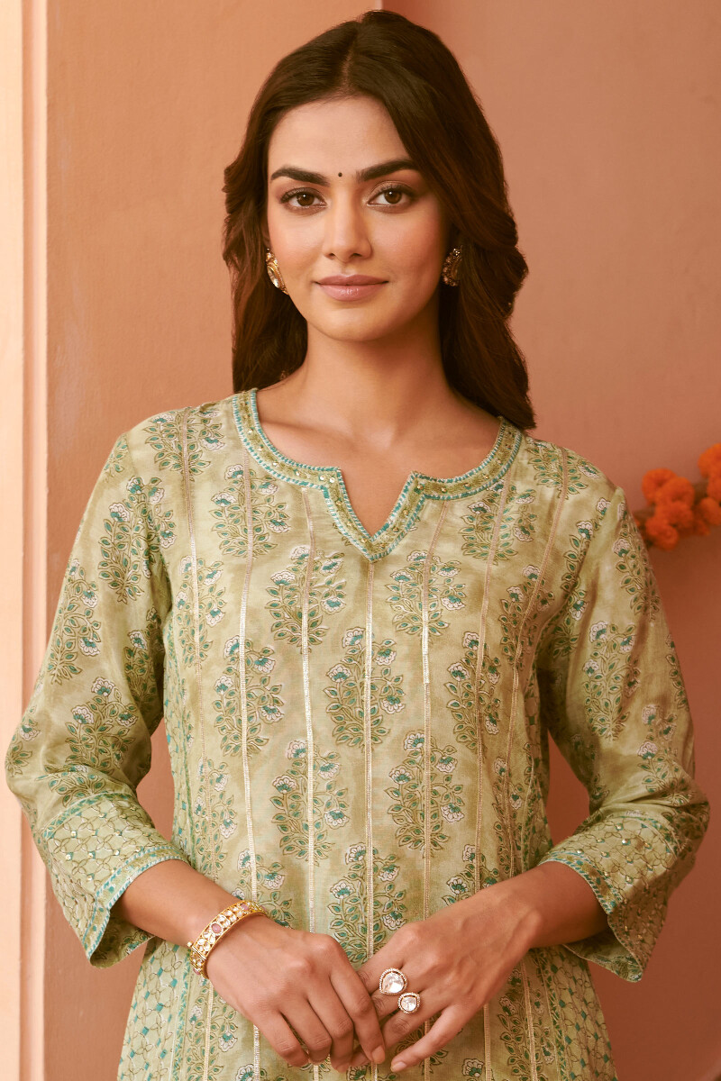 Green Hand Block-Printed Straight Modal Kurta