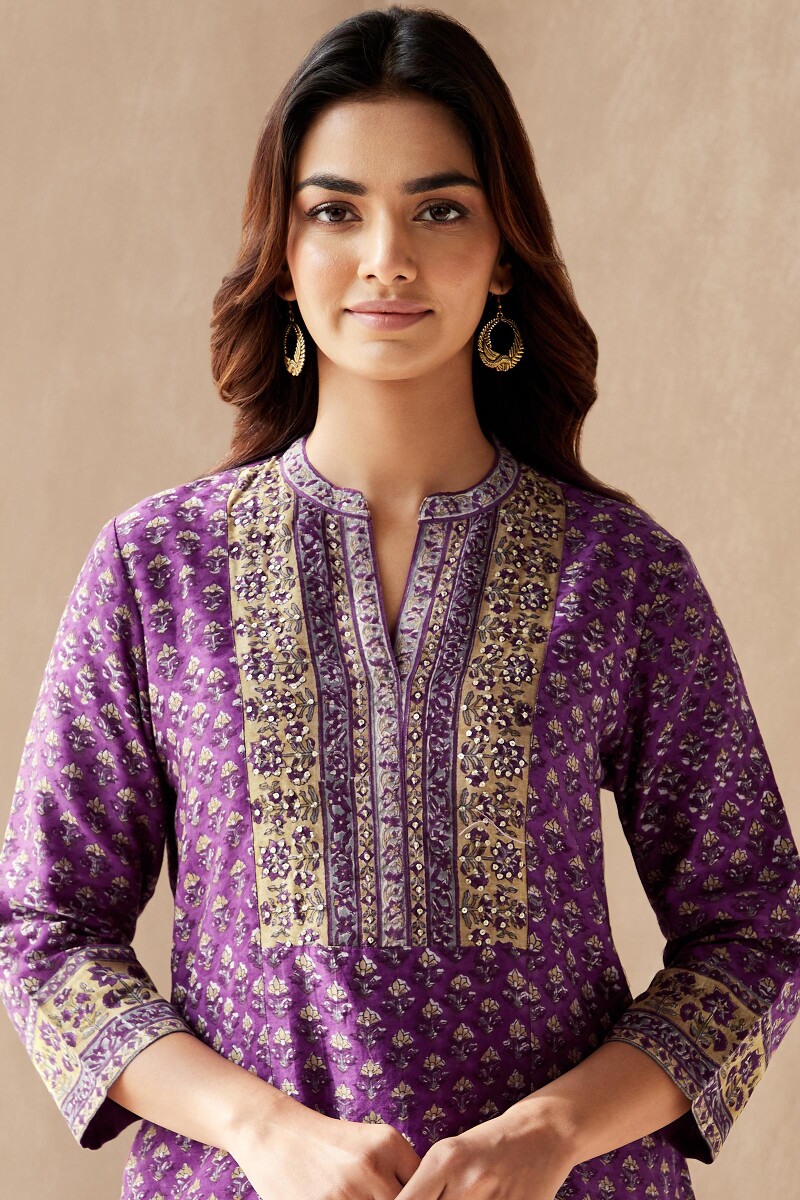 Purple Hand Block-Printed Straight Chanderi Kurta