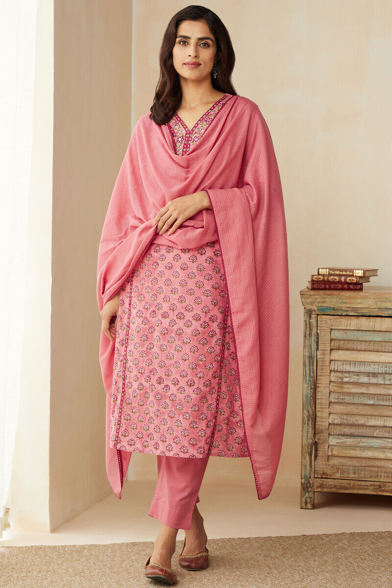 Pink Hand Block-Printed Straight Cotton Kurta