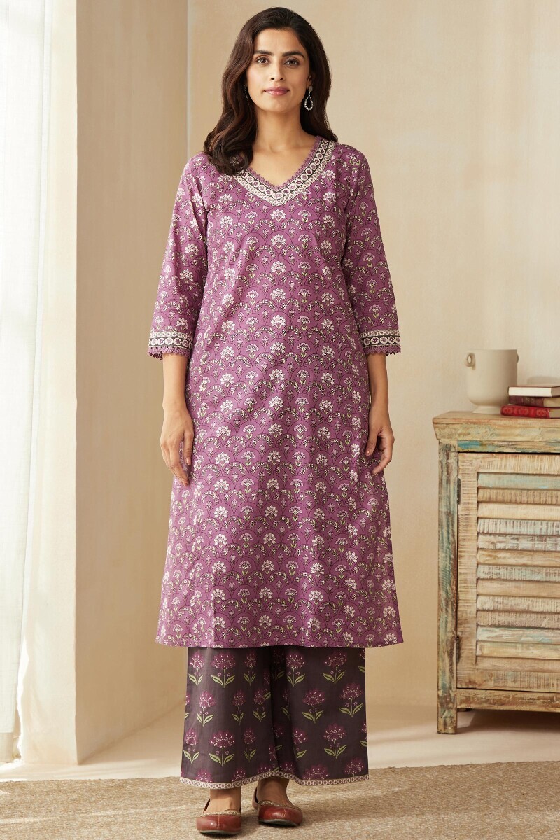 Purple Hand Printed Straight Cotton Kurta