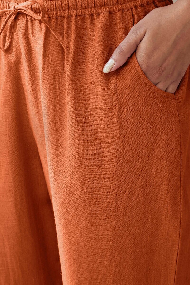 Burnt Orange Handcrafted Cotton Flax Narrow Pants