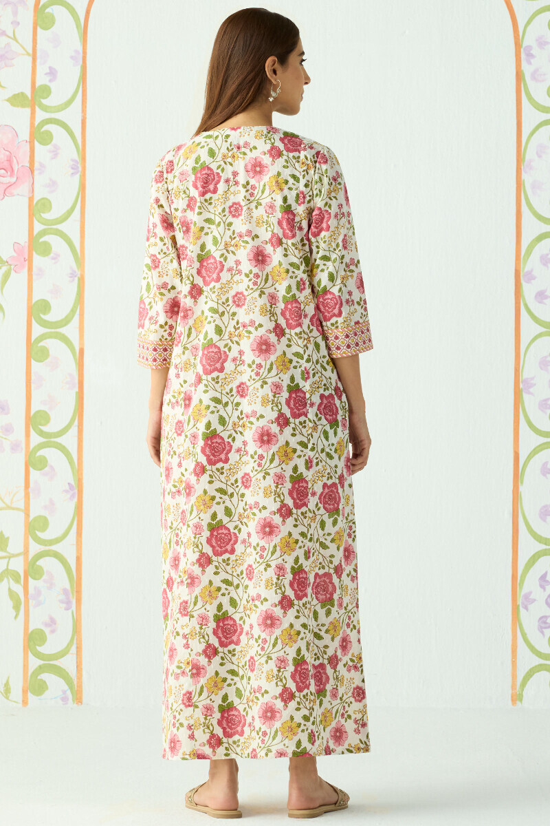 White Hand Printed Cotton Dobby Kaftan