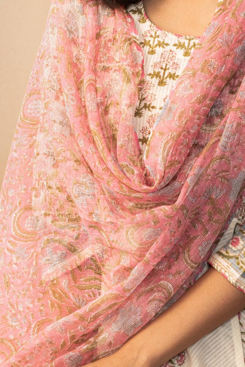 Pink Hand Block Printed Kota Dupatta