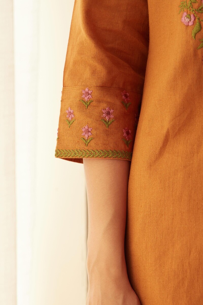 Mustard Handcrafted Straight Cotton Flax Kurta