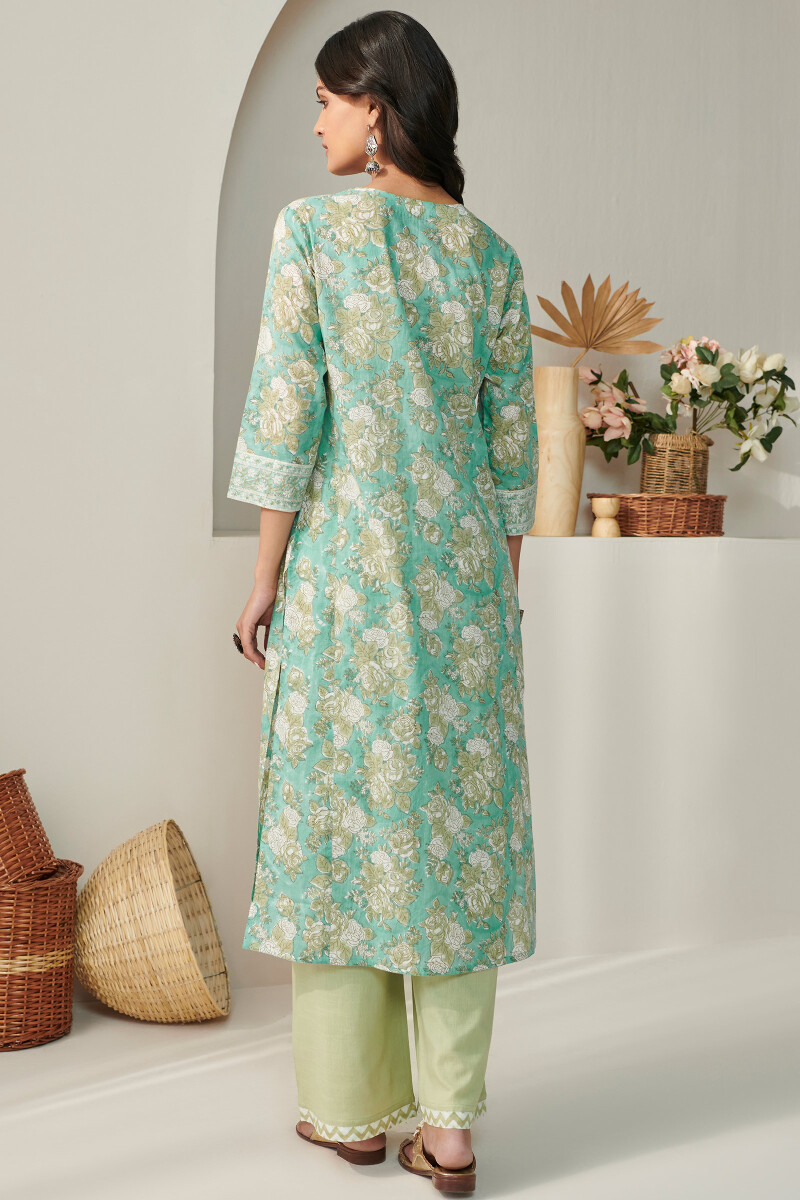 Blue Hand Block Printed Straight Cotton Mul Kurta