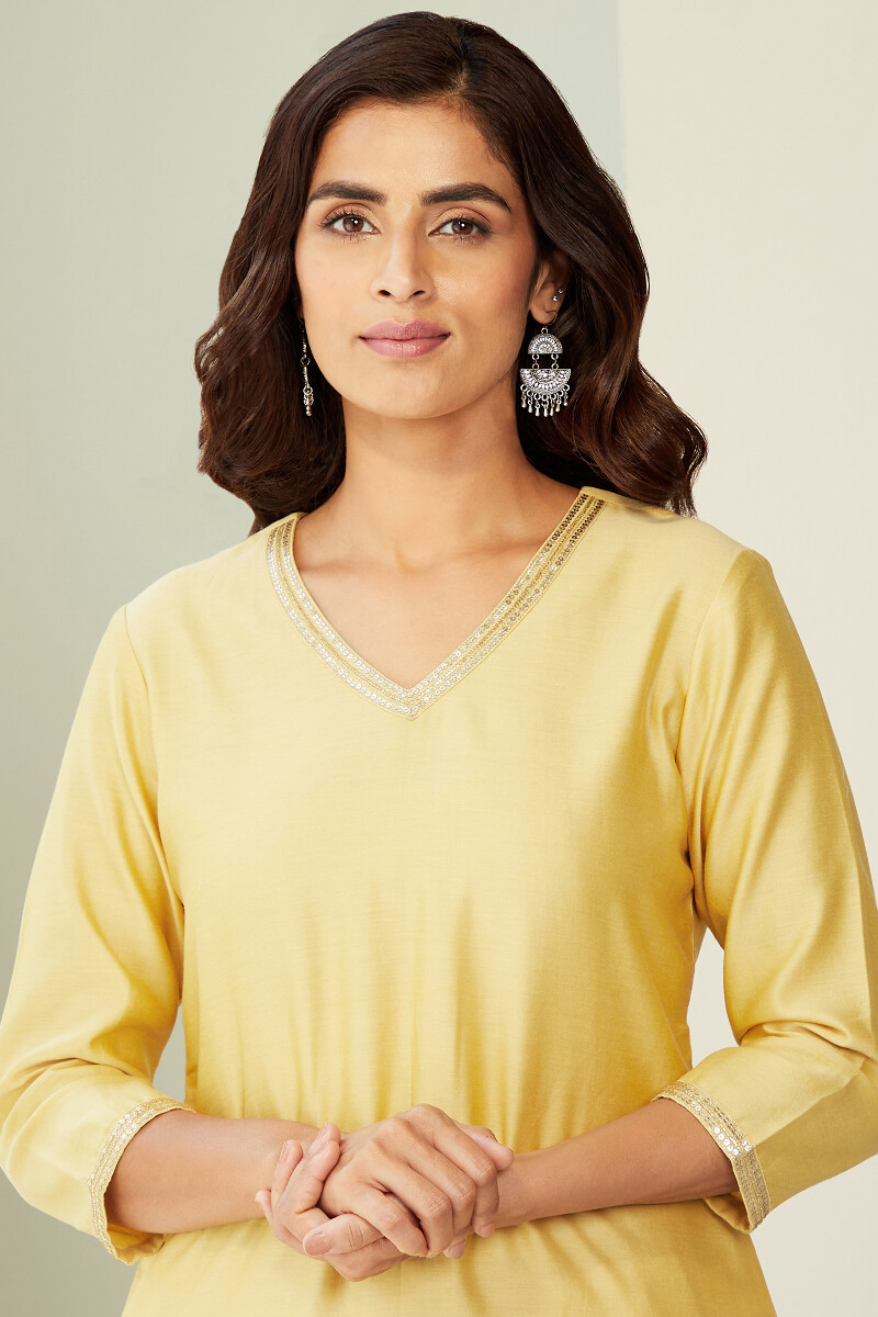 Yellow Handcrafted Straight Chanderi Kurta