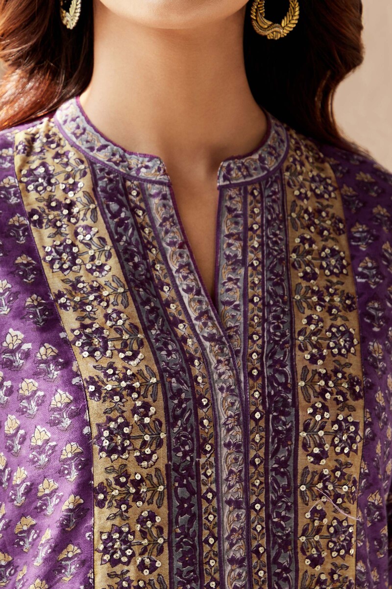 Purple Hand Block-Printed Straight Chanderi Kurta