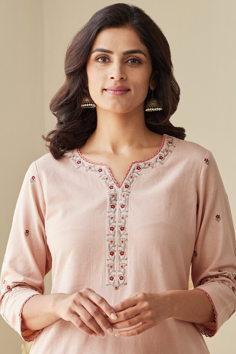 Pink Handcrafted Straight Cotton Flax Kurta