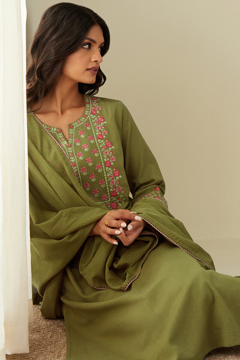 Green Handcrafted Straight Cotton Flax Kurta