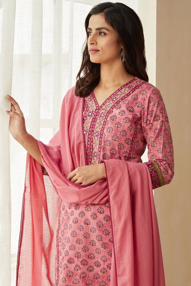 Pink Hand Block-Printed Straight Cotton Kurta