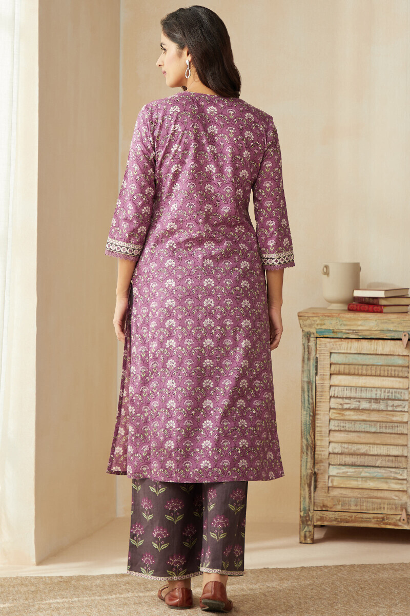 Purple Hand Printed Straight Cotton Kurta