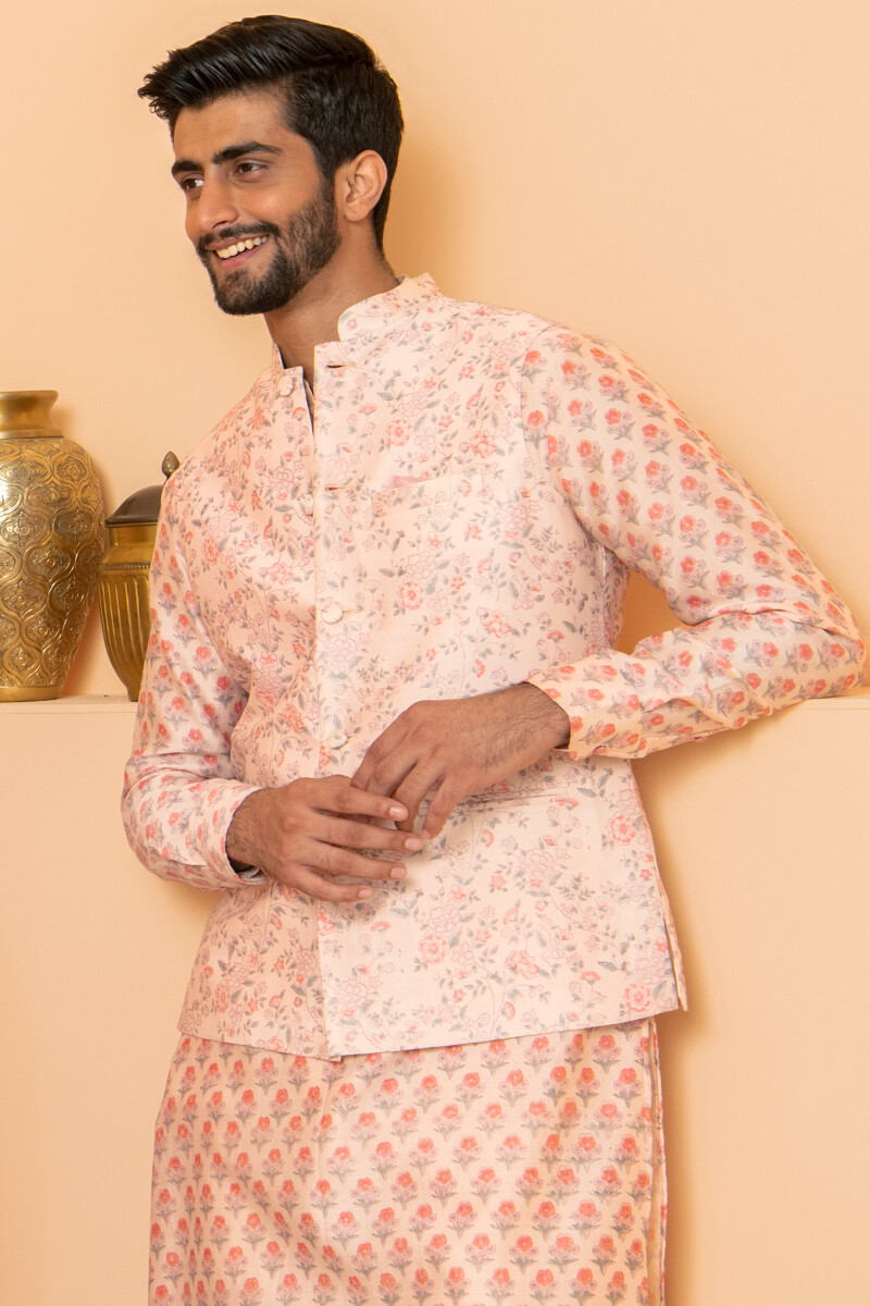 Pink Hand Block Printed Chanderi Nehru Jacket