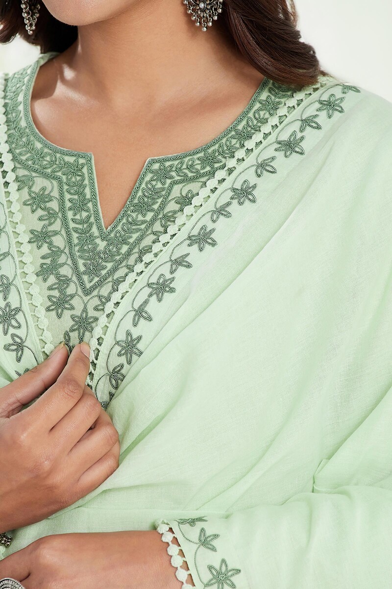 Green Handcrafted Cotton Mul Dupatta