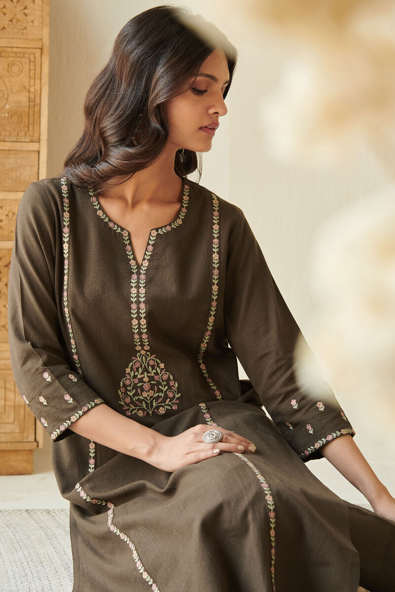 Brown Handcrafted Straight Handloom Kurta