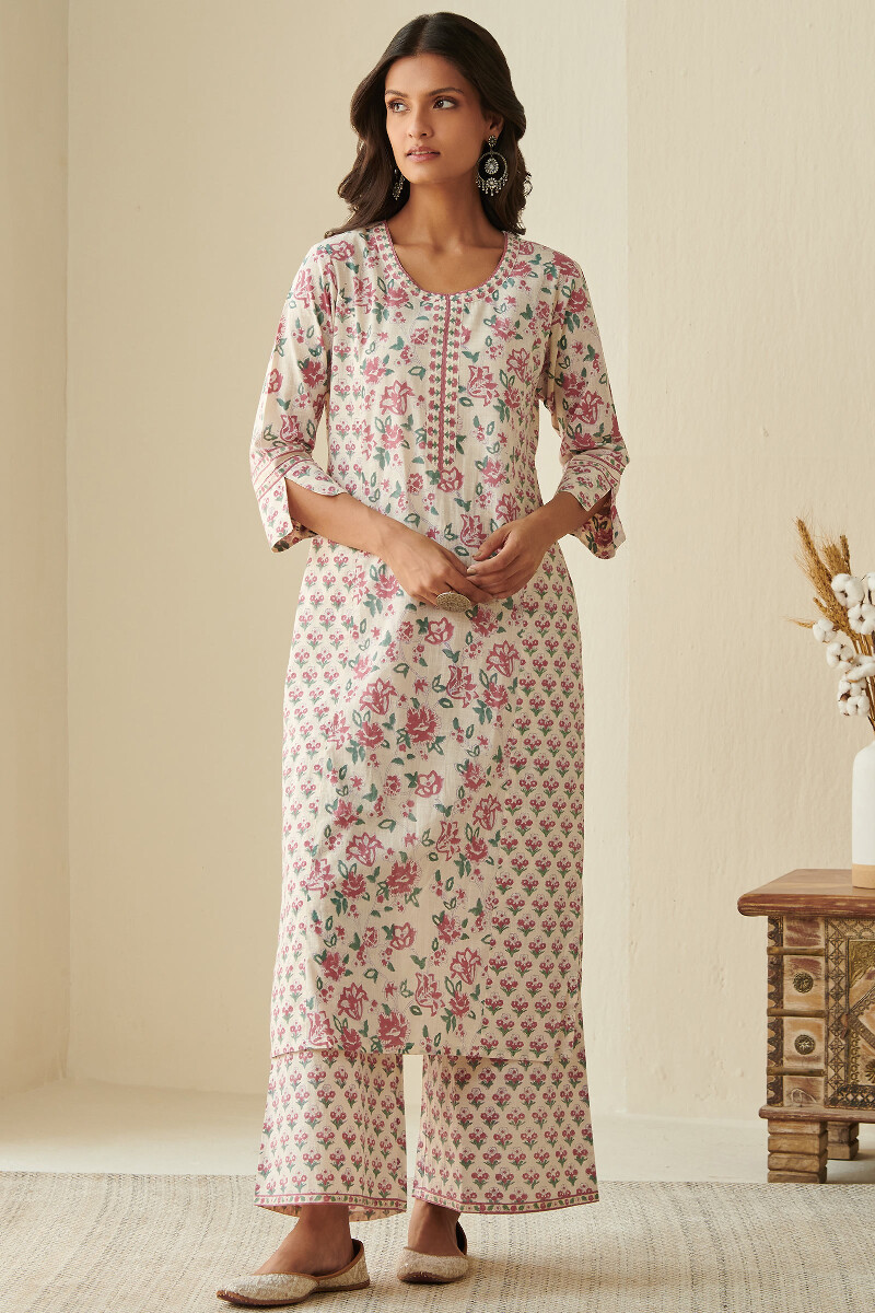 Off-White Hand Block Printed Straight Cotton Kurta