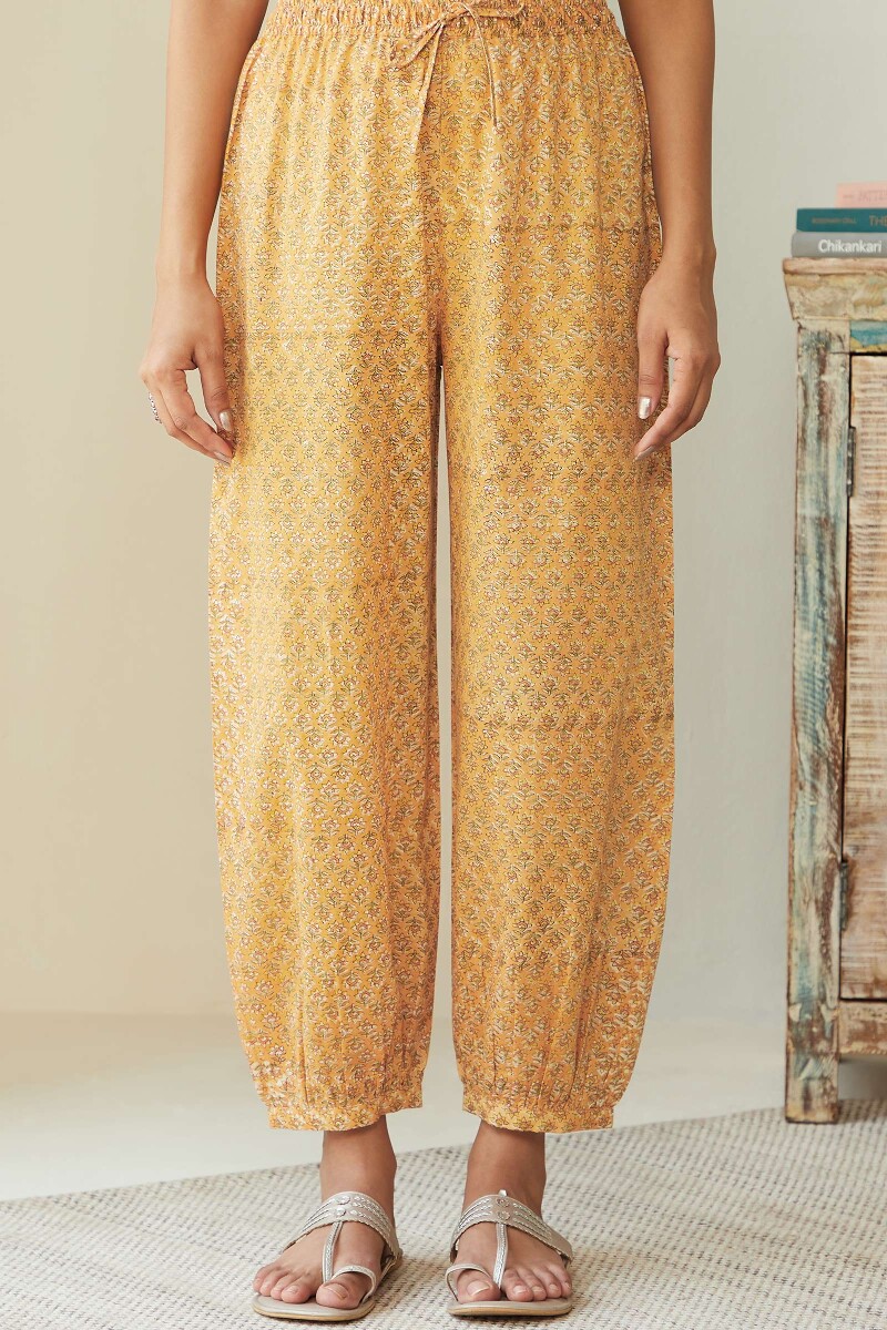 Yellow Hand Block-Printed Cotton Izhaar Pants