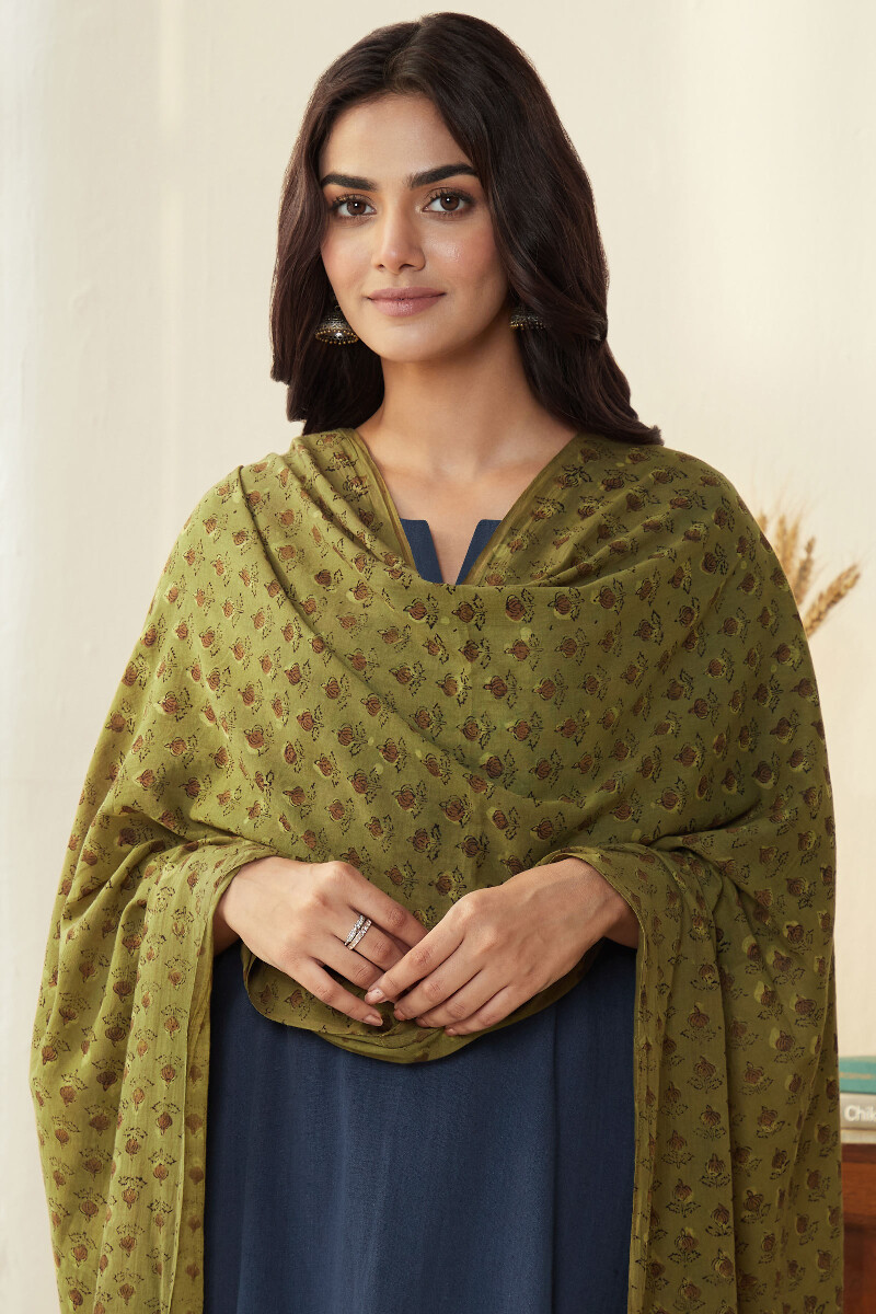 Green Hand Block Printed Cotton Dupatta