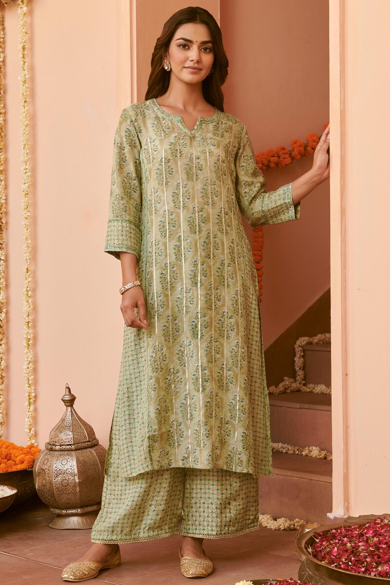 Green Hand Block-Printed Straight Modal Kurta