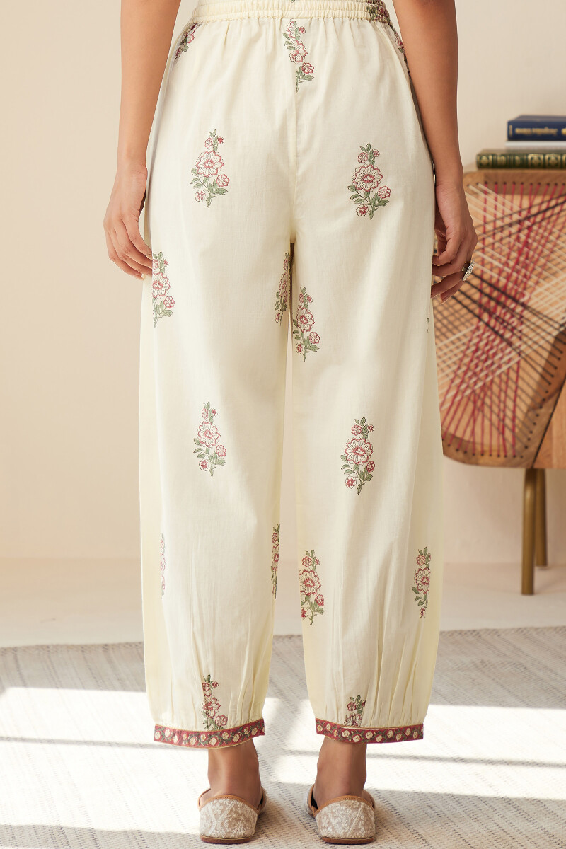 Cream Hand Block-Printed Cotton Izhaar Pants