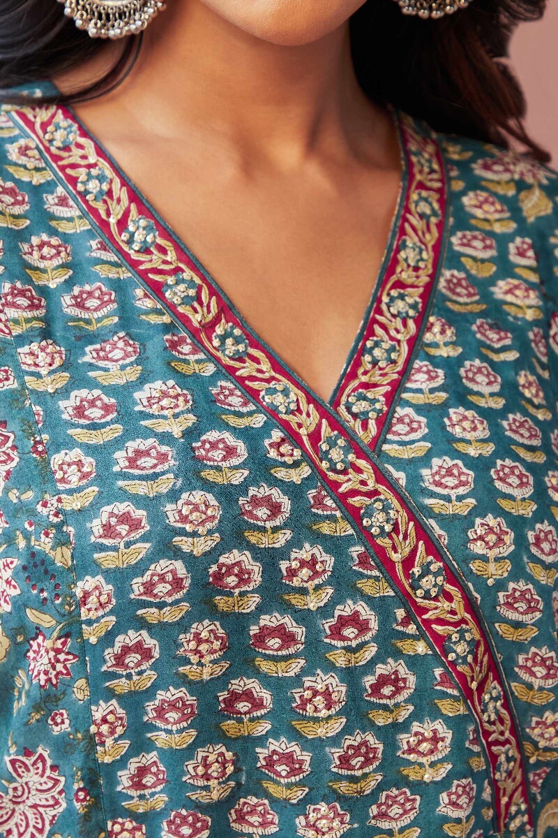 Teal Hand Block-Printed Straight Viscose Kurta