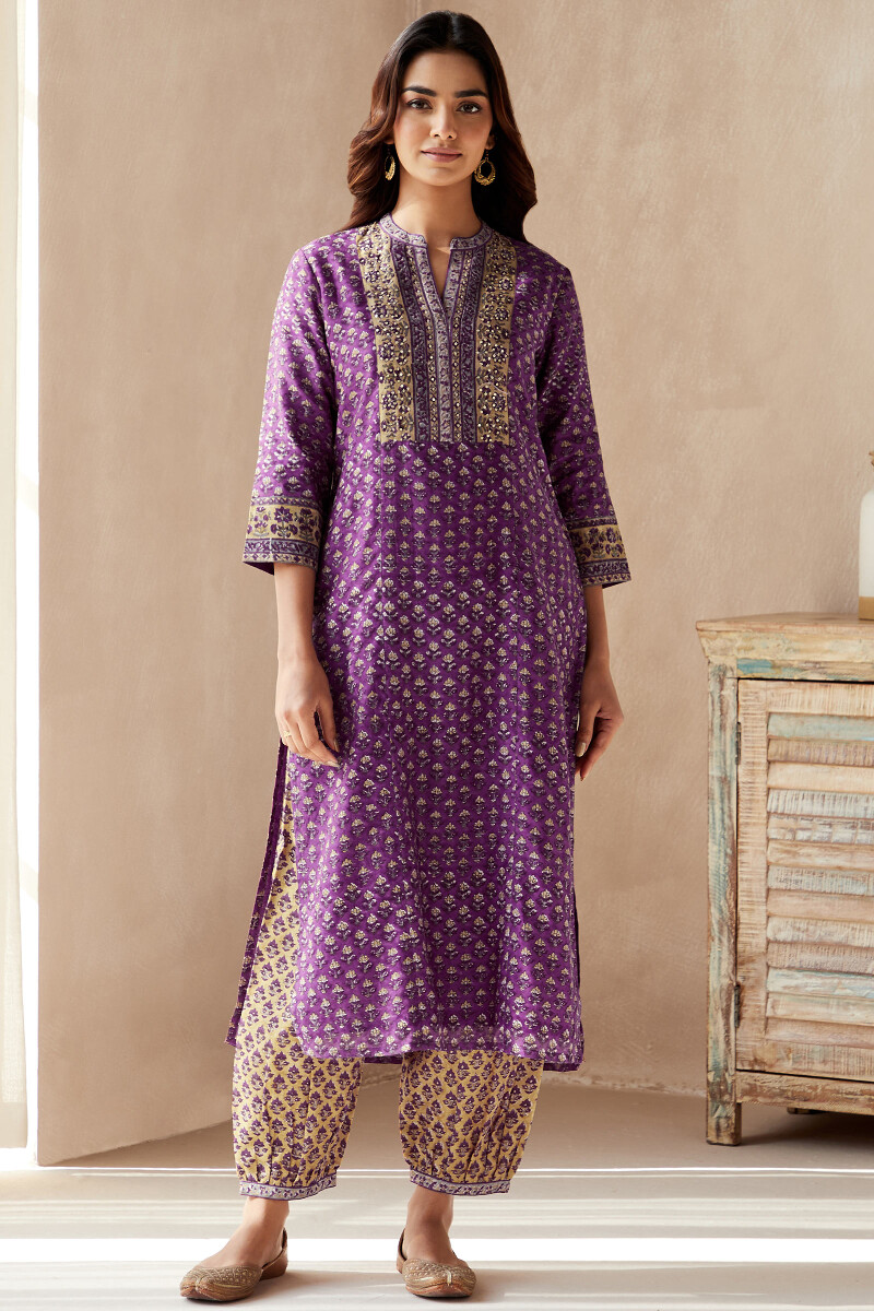 Purple Hand Block-Printed Straight Chanderi Kurta