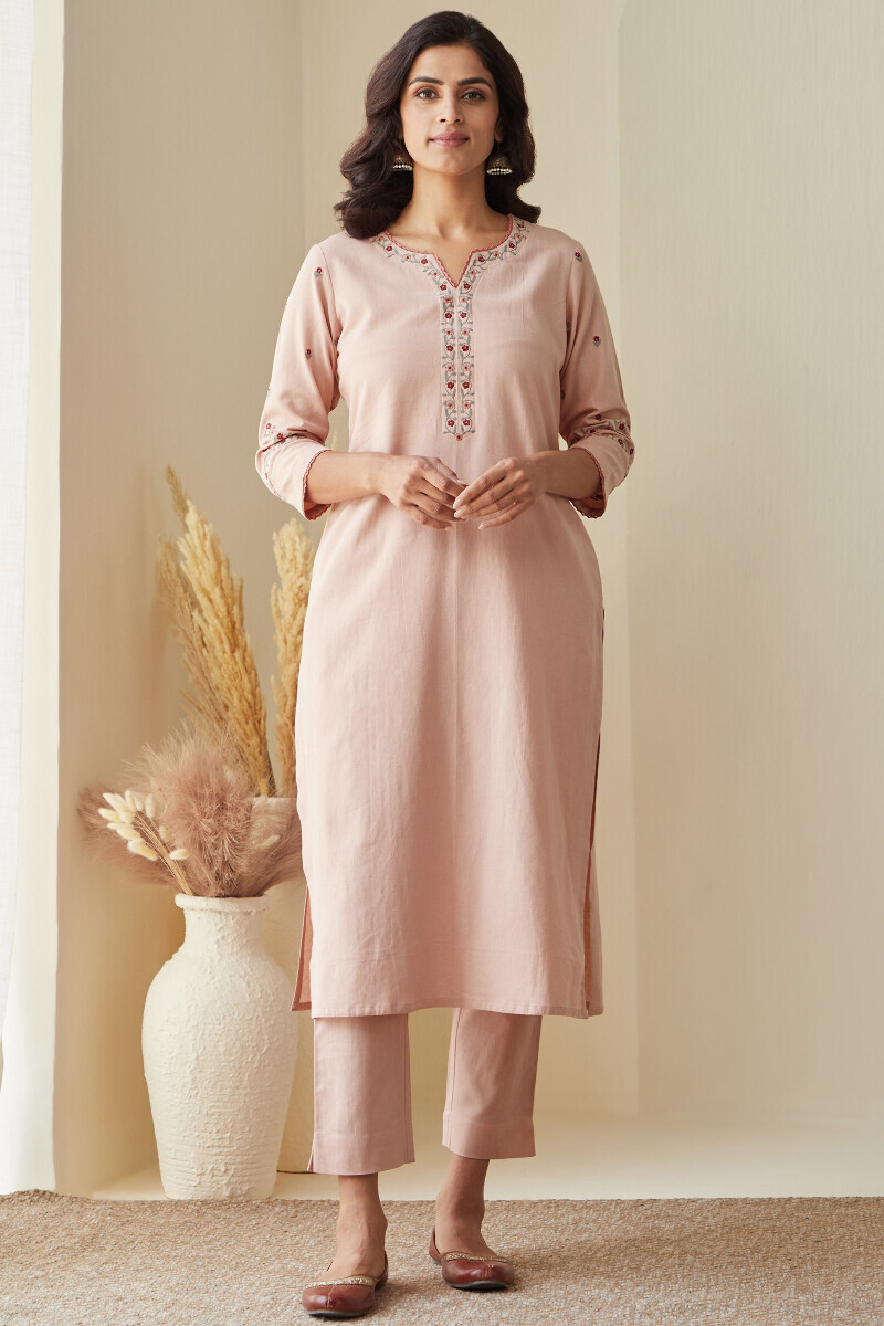 Pink Handcrafted Straight Cotton Flax Kurta