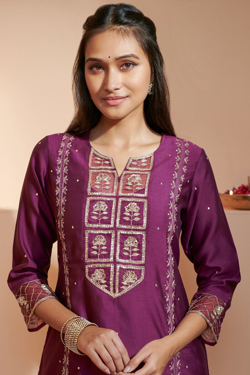 Purple Handcrafted Straight Chanderi Kurta