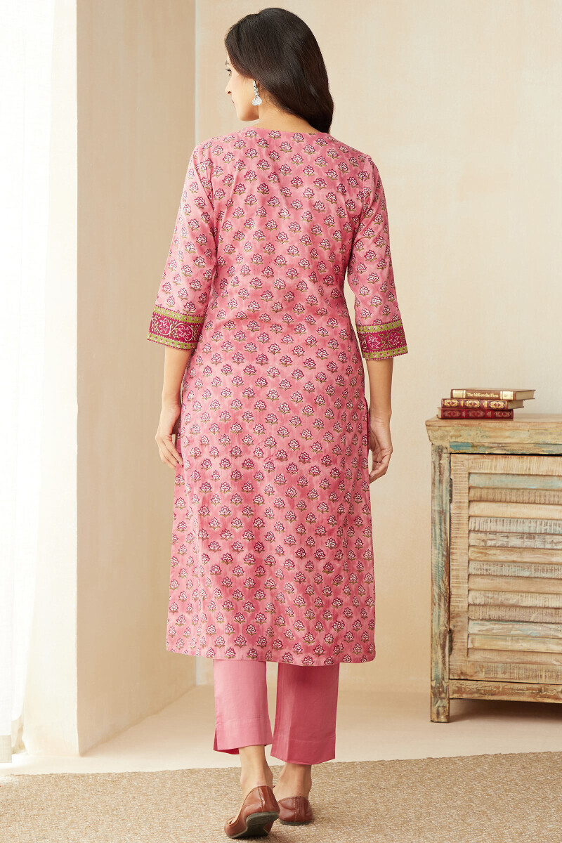 Pink Hand Block-Printed Straight Cotton Kurta