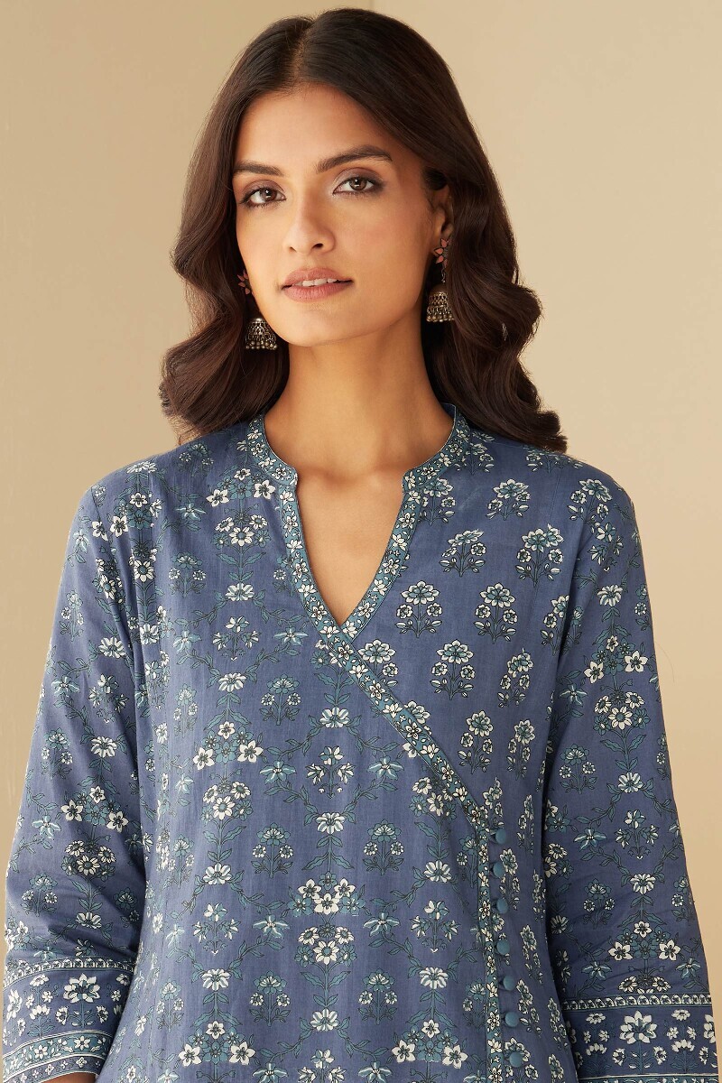 Blue Hand Printed Angrakha Cotton Kurta