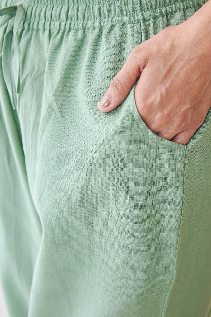 Green Handcrafted Cotton Narrow Pants